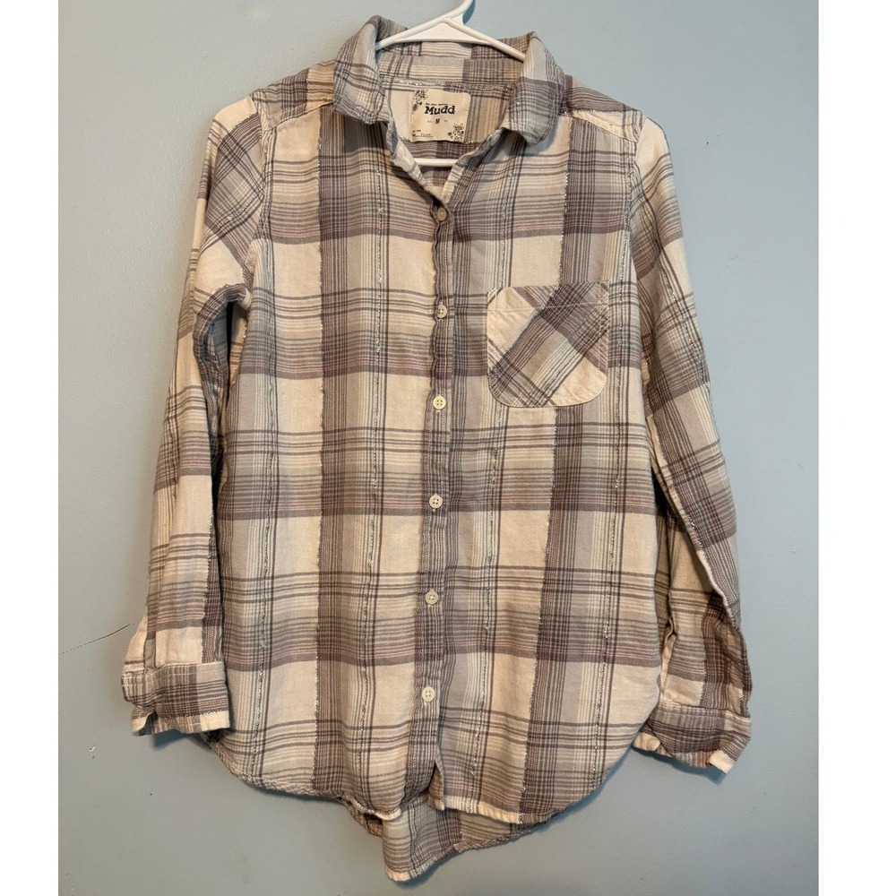 Mudd Women's M Plaid Button Down Shirt Grey Cream Metallic Silver Pinstripe 1850